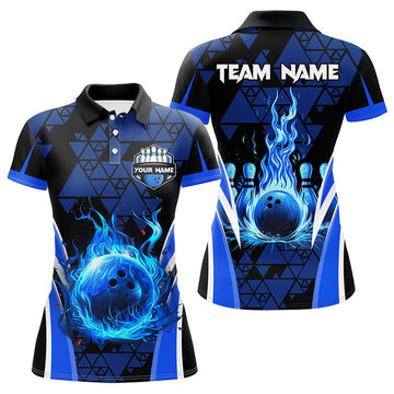 Custom Blue Triangle Pattern Flame Bowling Ball Pins Custom Women Bowling Polo Shirts, Team Bowling Jerseys