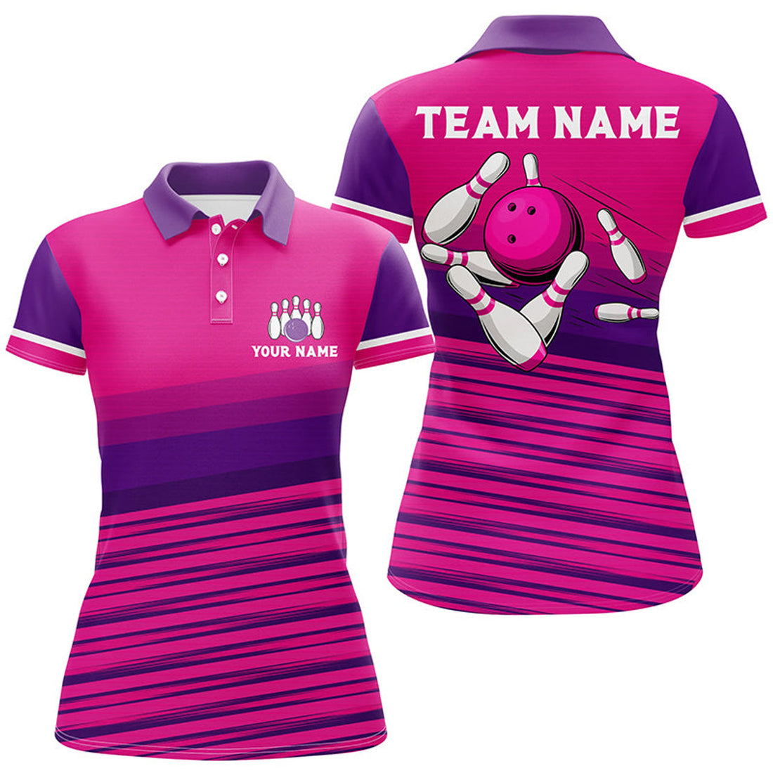 Custom Pink Pattern Bowling Ball Pins Custom Women Bowling Polo Shirts, Team Bowling Jerseys Gift For Bowler