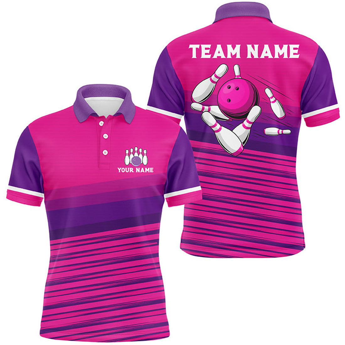 Custom Pink Pattern Bowling Ball And Pins Custom Men Bowling Polo Shirts, Team Bowling Jerseys
