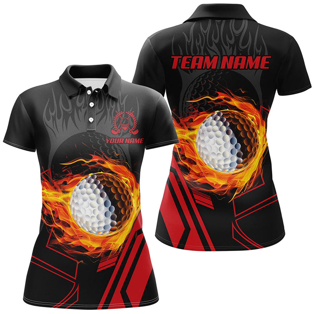 Custom Black and red Flame golf ball fire Womens golf polo shirt custom cool golf attire for women