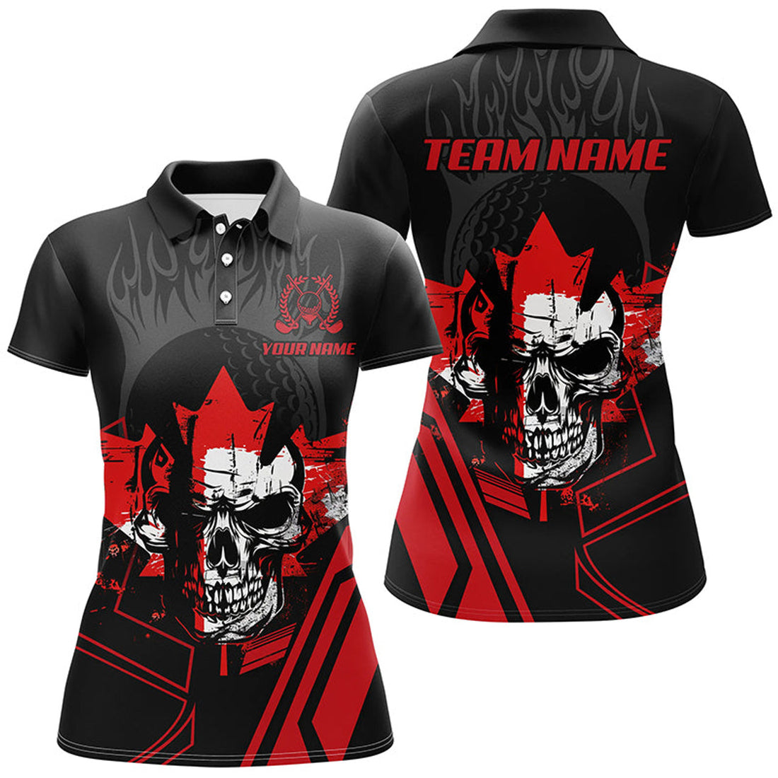 Custom Black And Red Skull Canadian Flag Womens Golf Polo Shirts Custom Patriotic Golf Attire For Women