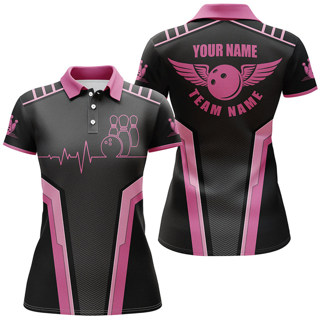 Custom Personalized 3d Bowling Shirts For Women, Custom Pink Short Sleeve Polo Bowling Heartbeat Shirts