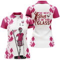Custom White Pink Womens Golf Polo Shirt Golf & Wine Skull Custom Name The Next Shot Is In The Glass