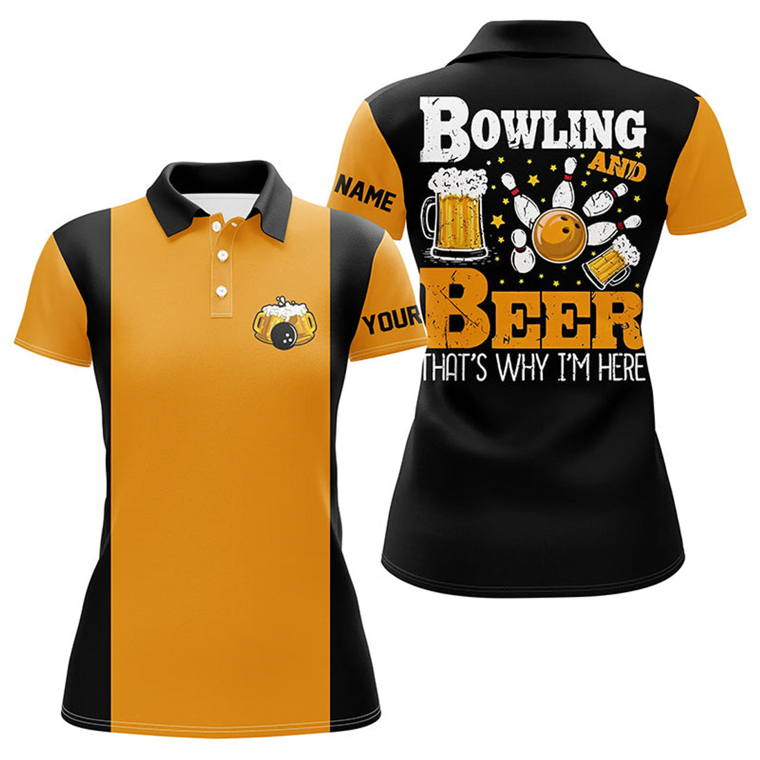 Custom Black And Yellow Retro Bowling Polo Shirts For Women Custom Name Bowling And Beer That's Why I'm Here