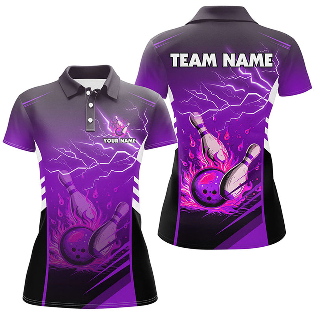 Custom Flame Bowling Ball And Pins Lightning Custom Women Bowling Polo Shirts, Team Bowling Jerseys | Purple