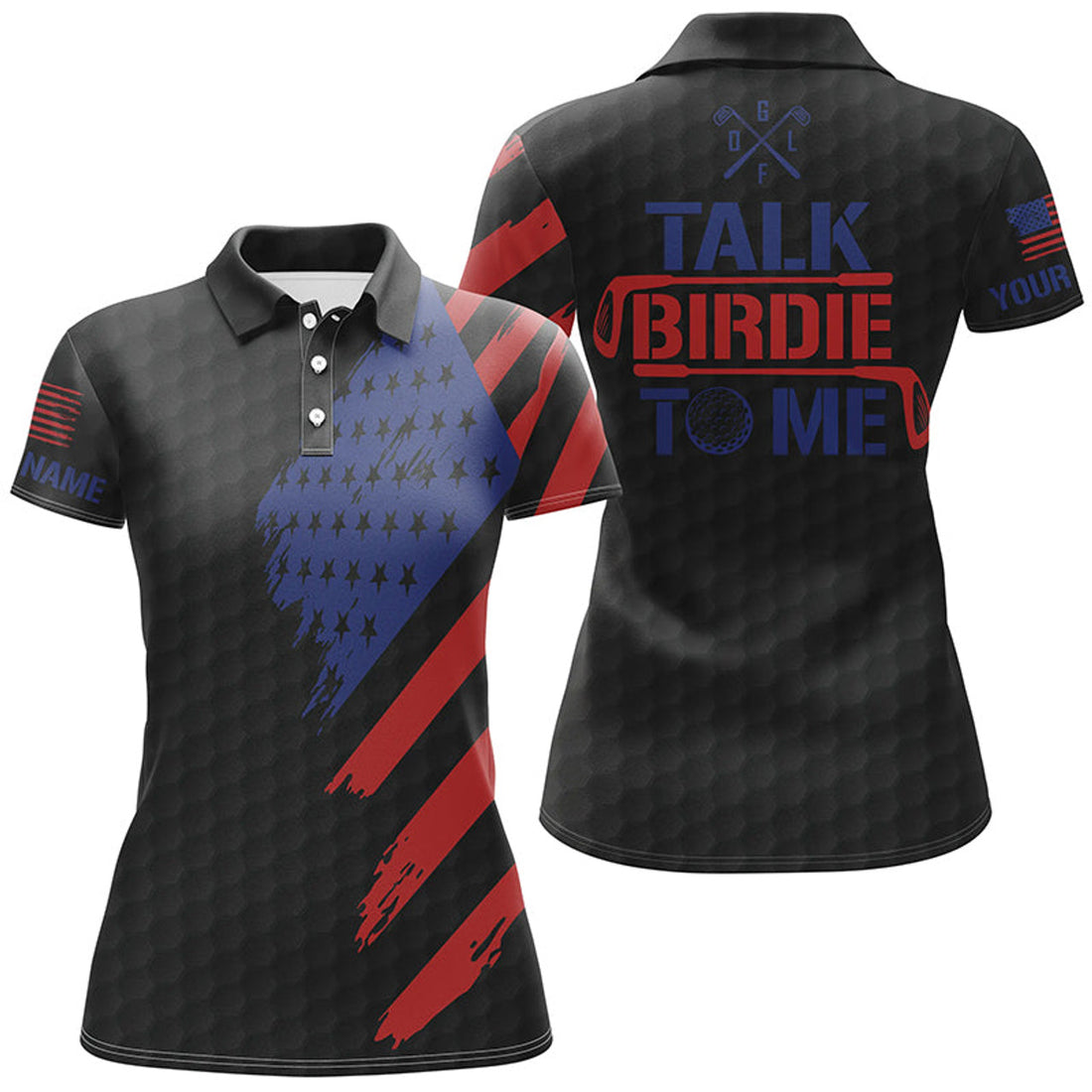 Custom Funny Womens Golf Polo Shirts Custom American Flag Patriotic Black Golf Shirts Talk Birdie To Me