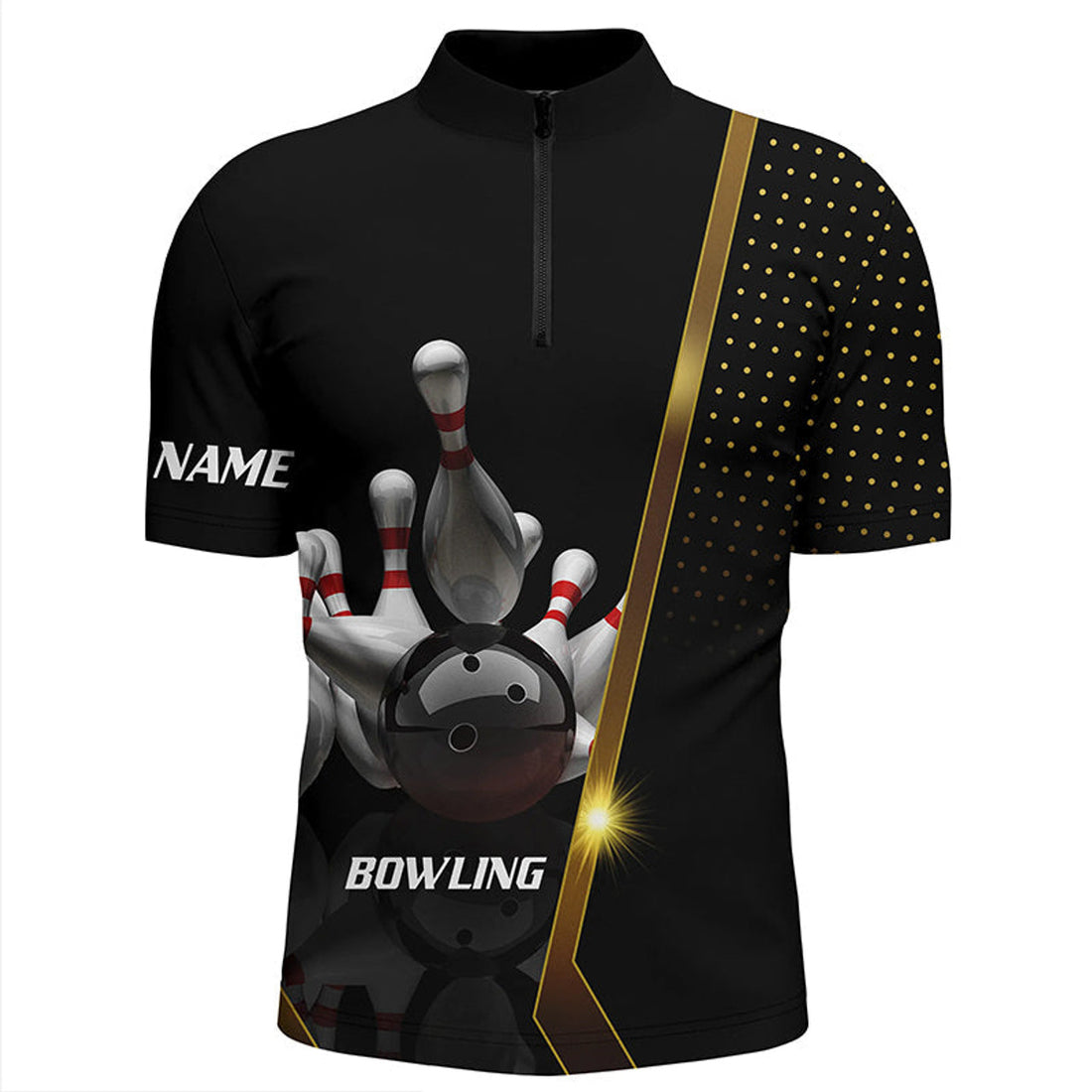Custom Personalized Men Bowling Quarter-Zip Shirt Black and Gold Men Bowlers Custom Team bowling Jersey