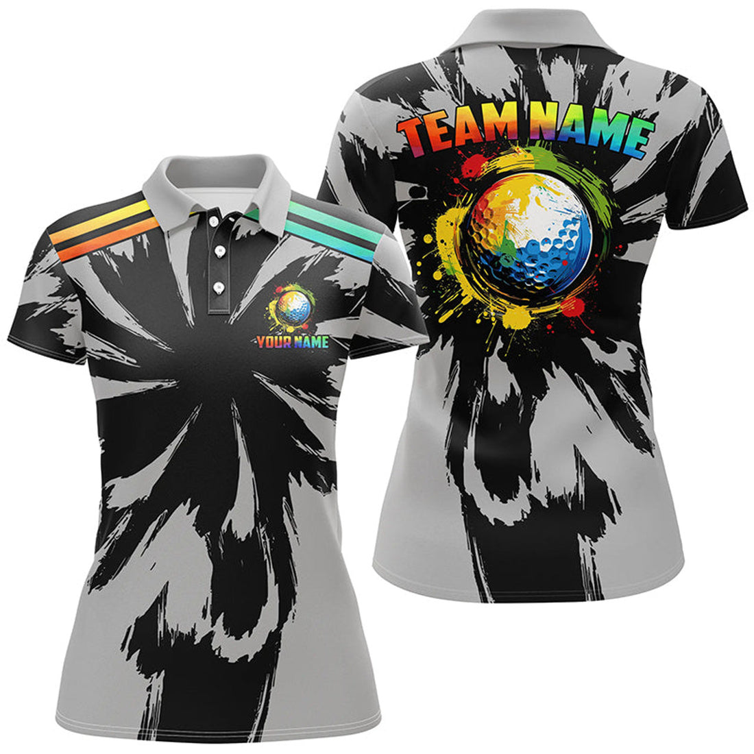 Custom Black And Gray Pattern Custom Watercolor Golf Ball Team Womens Golf Polo Shirt, Unique Golf Gifts