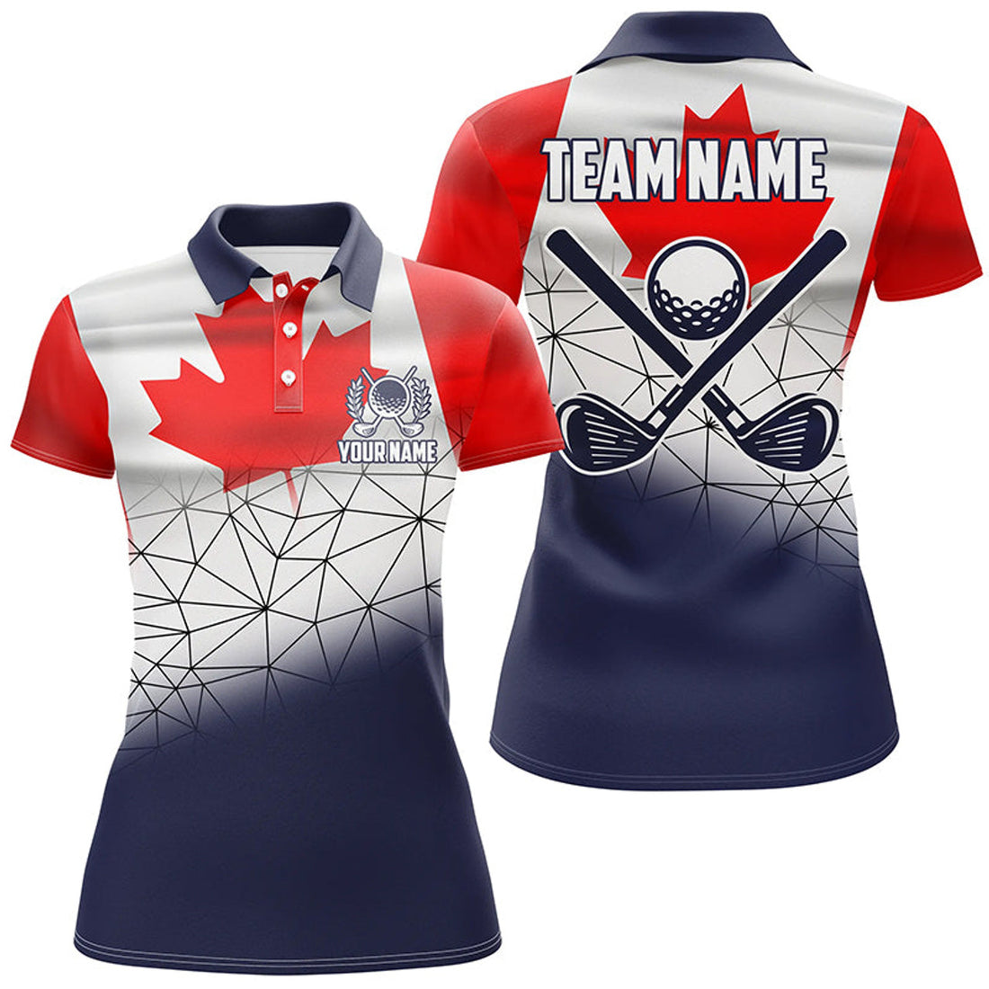 Custom Canadian Flag Golf Clubs Navy geometric Women golf polo shirts Custom Patriotic golf outfits women