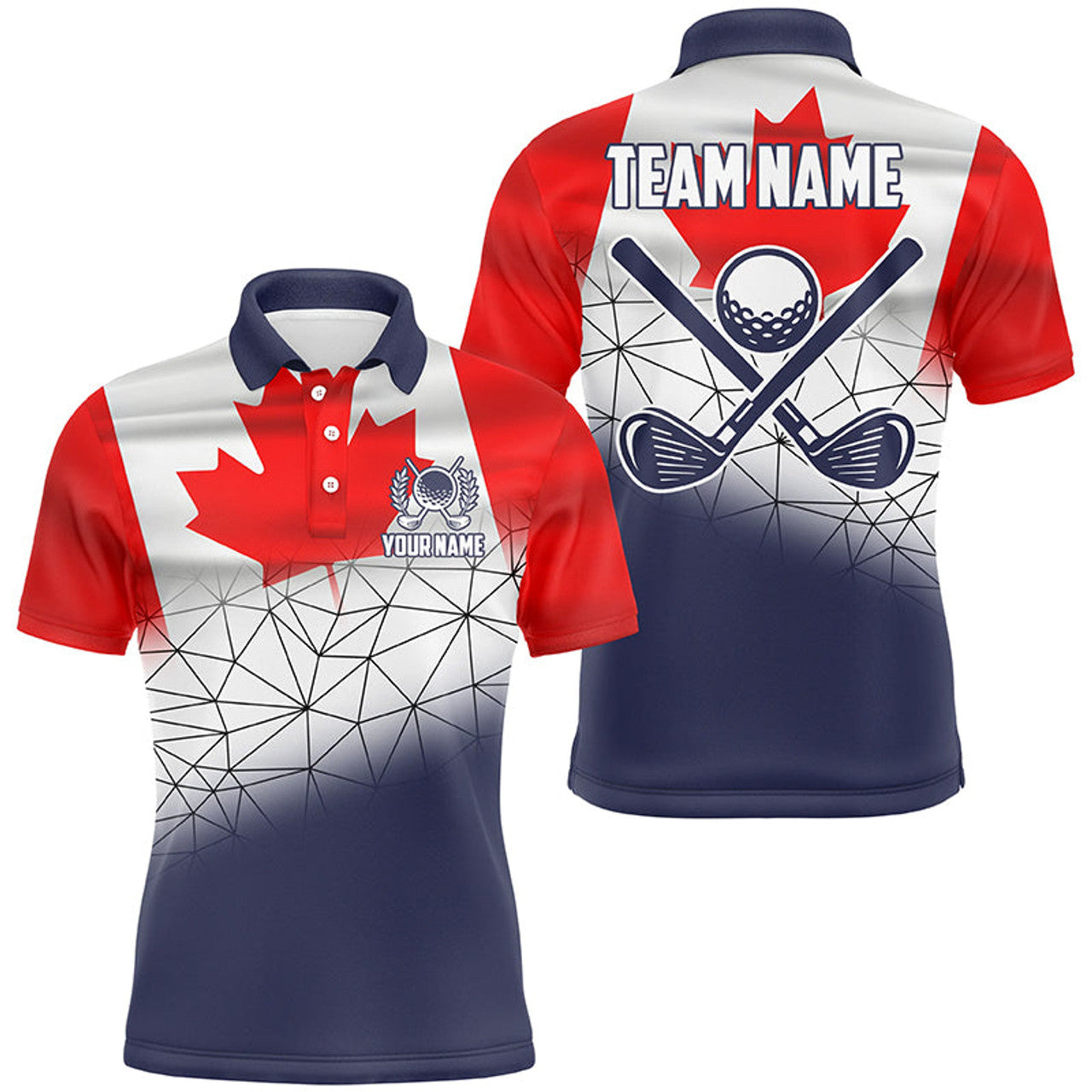 Custom Canadian Flag Golf Clubs Navy geometric pattern Men golf polo shirts Custom Patriotic golf outfits men
