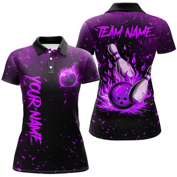 Custom Purple Flame Bowling Jersey For Women Custom Bowling Polo, for Team, Gift for Bowler