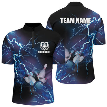 Custom Men's bowling Quarter Zip shirts Custom blue lightning thunder Bowling Team Jersey, gift for Bowlers
