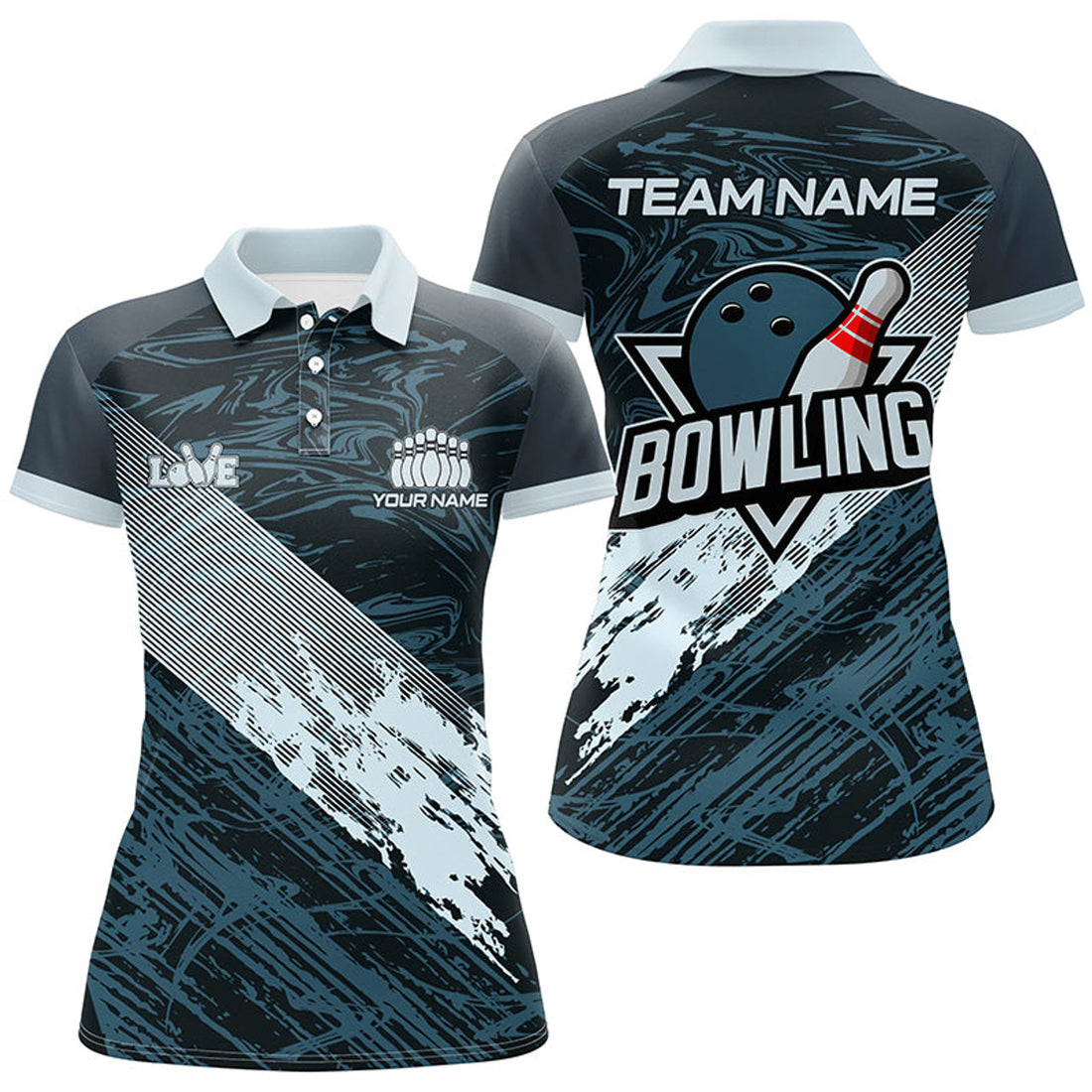 Custom Blue Camo Bowling Ball And Pins Custom Womens Bowling Polo Shirts, Gift For Team Bowlers
