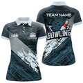 Custom Blue Camo Bowling Ball And Pins Custom Womens Bowling Polo Shirts, Gift For Team Bowlers