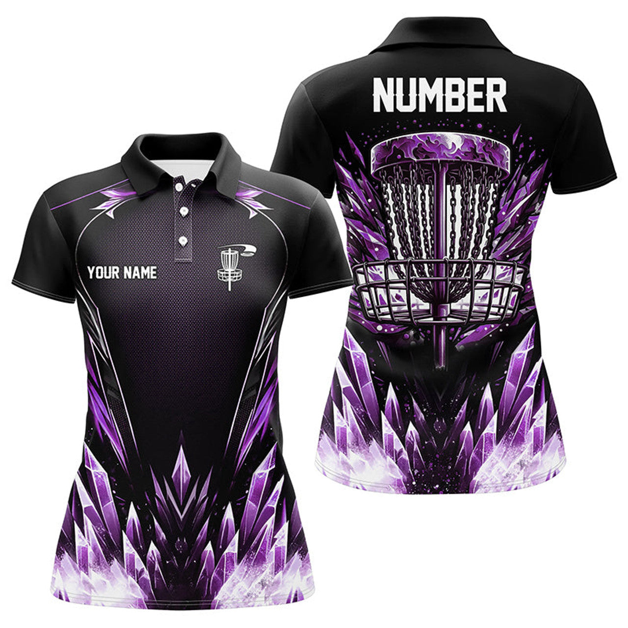 Custom Icy Purple Womens Disc Golf Polo Shirts Custom Black Disc Golf Basket Jerseys, Frisbee Golf Shirts