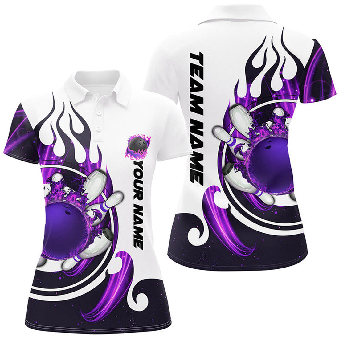 Custom White Womens Bowling Shirts Custom Purple Flame Bowling Ball And Pins Jerseys Polo