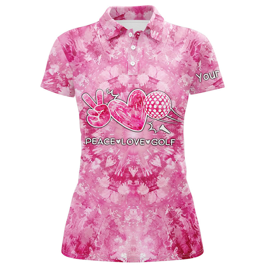 Custom Womens Golf Polo Shirts Pink Tie Dye Pattern Custom Peace Love Golf, Personalized Golf Shirt For Women