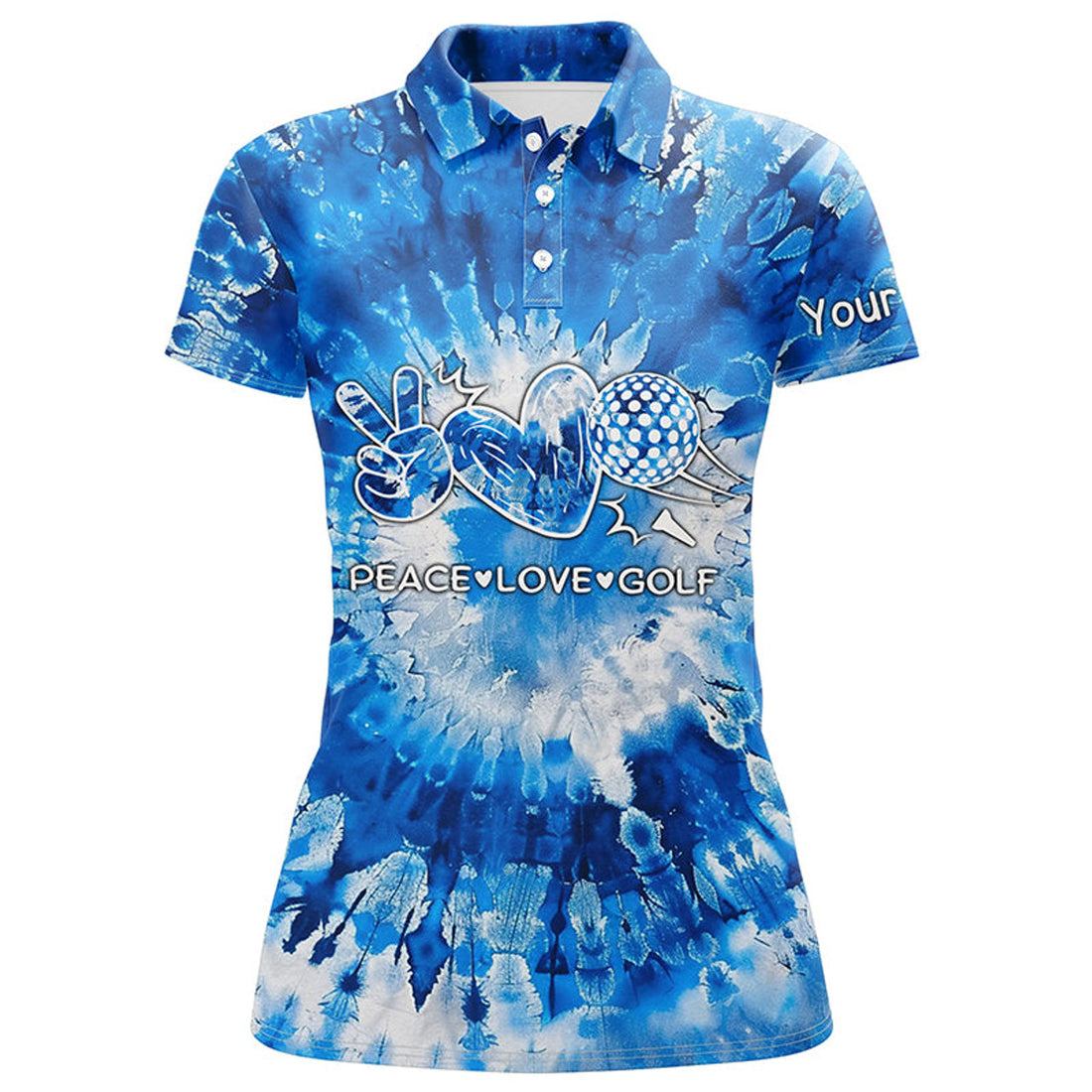 Custom Womens Golf Polo Shirts Blue Tie Dye Pattern Custom Peace Love Golf, Personalized Golf Shirt For Women
