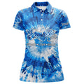 Custom Womens Golf Polo Shirts Blue Tie Dye Pattern Custom Peace Love Golf, Personalized Golf Shirt For Women