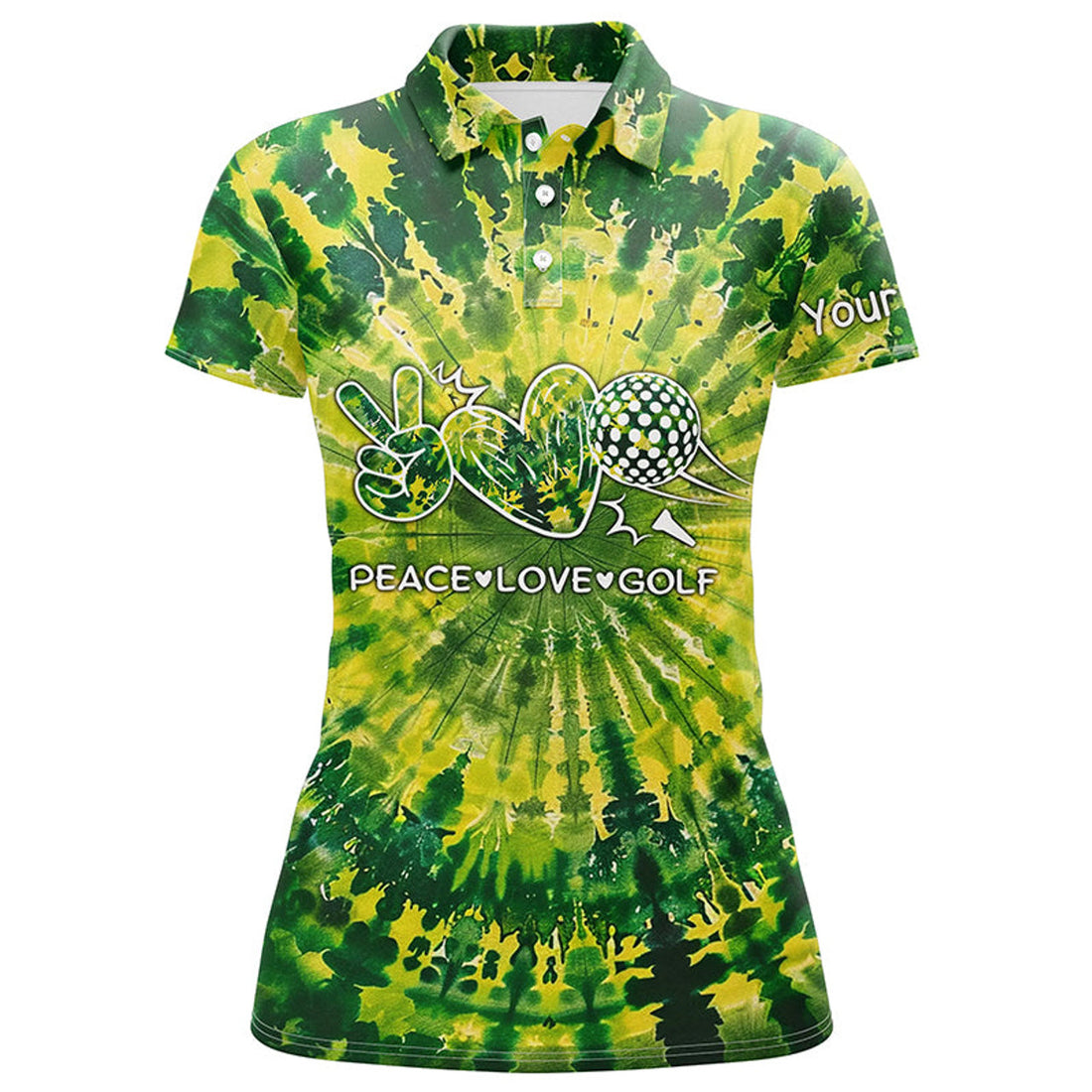 Custom Womens Golf Polo Shirt Green Tie Dye Pattern Custom Peace Love Golf, Personalized Golf Shirt For Women