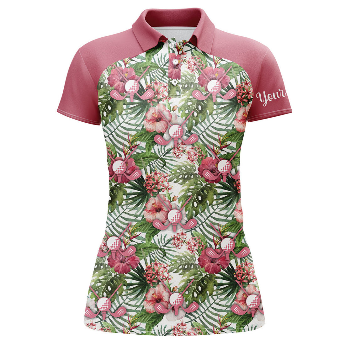 Custom Women Golf Polo Shirt Pink Tropical Flower Leaves Custom Name Pink Golf Polo Shirts, Golfing Gift