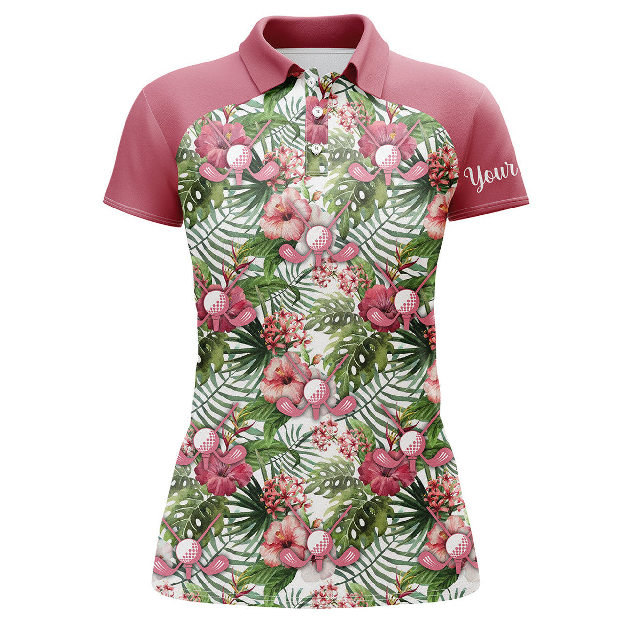 Custom Women Golf Polo Shirt Pink Tropical Flower Leaves Custom Name Pink Golf Polo Shirts, Golfing Gift