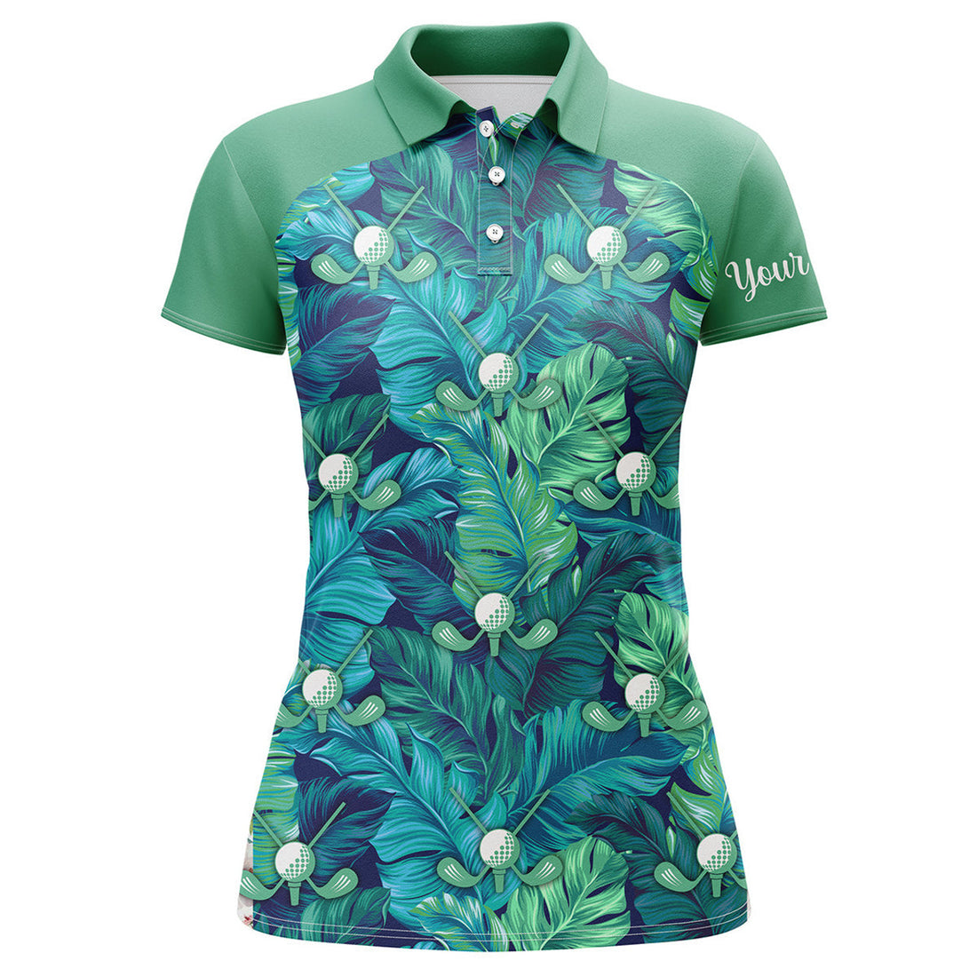 Custom Women Golf Polo Shirt Green Tropical Leaves Custom Name Green Golf Polo Shirts, Golfing Gift