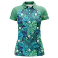Custom Women Golf Polo Shirt Green Tropical Leaves Custom Name Green Golf Polo Shirts, Golfing Gift