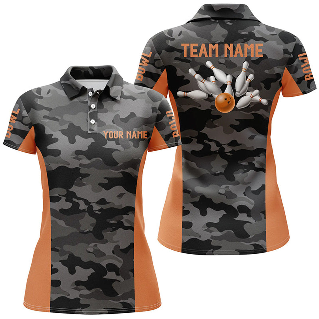 Custom Women Bowling Polo Shirts Custom Gray Camo Bowling Team Jersey, Bowling Team League Shirt | Orange