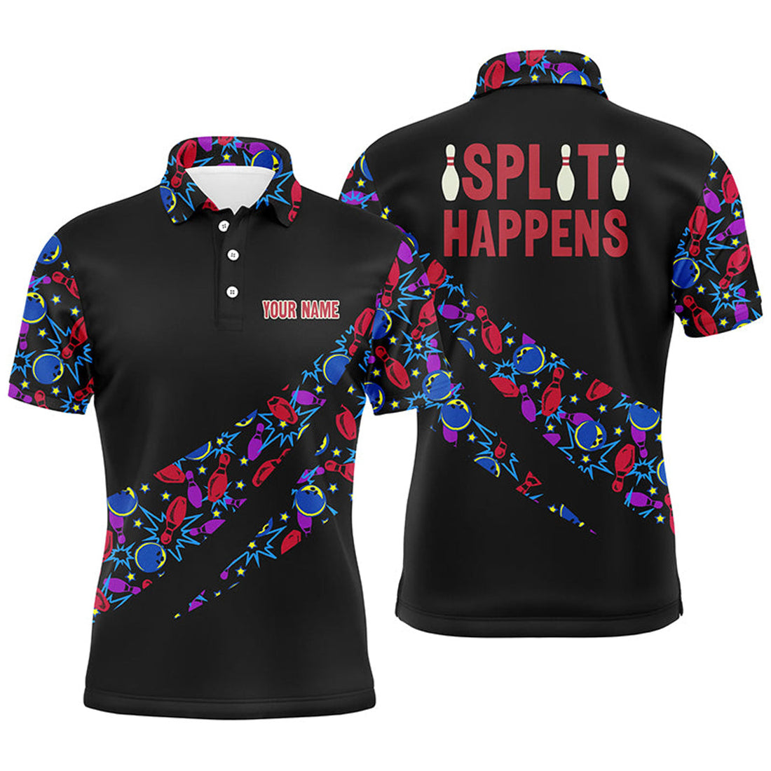 FUNSTUFFPRINT Split Happens Personalized Bowling Camo Shirt For Men, Team League Bowling Jersey Men Polo Shirt Size S-5XL