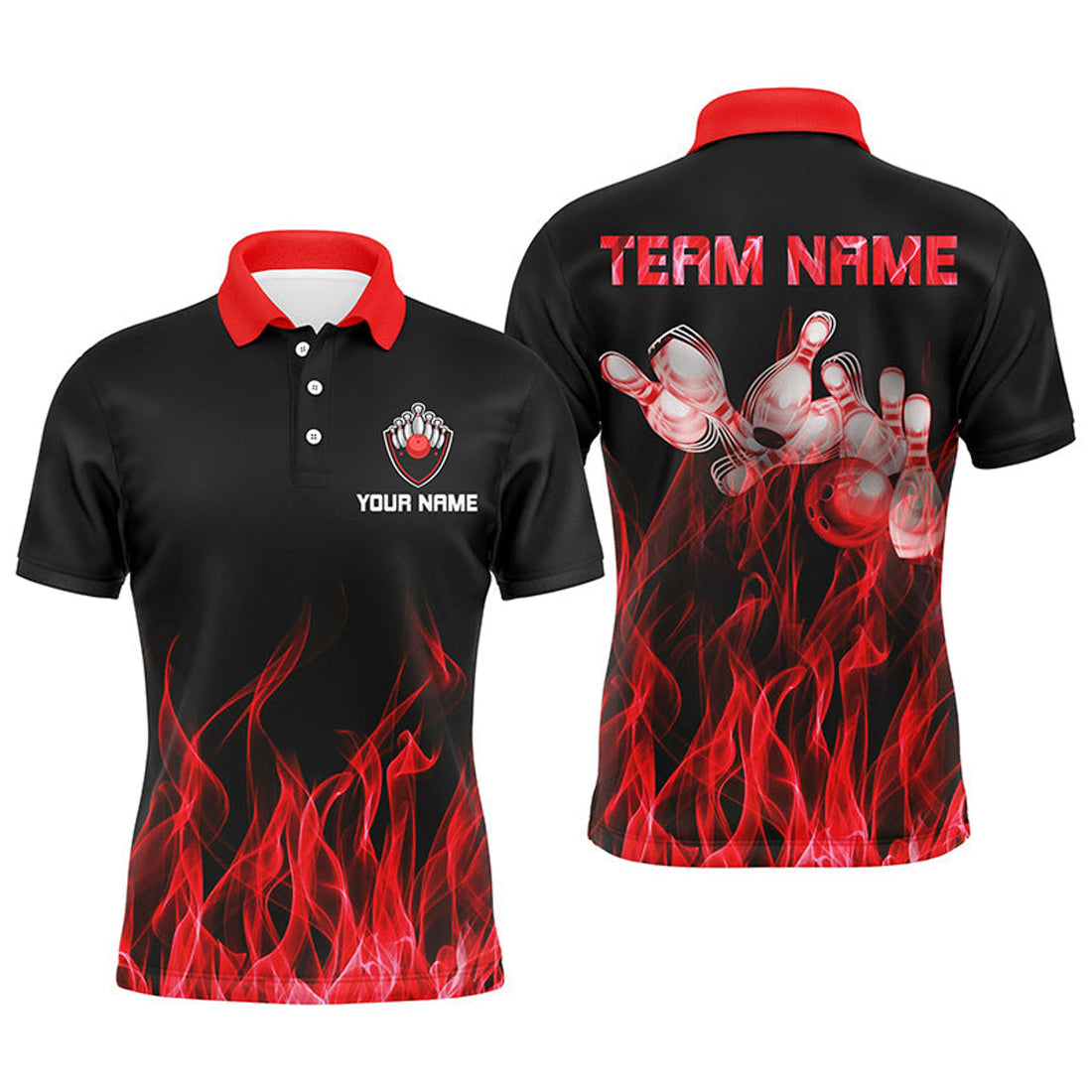 Personalized Men Polo Bowling Shirt Red Flame Bowling Ball And Pins Bowling Jerseys For Men Bowler