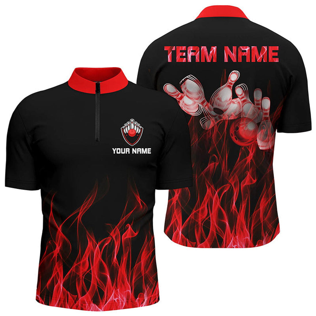Custom Personalized Men Quarter Zip Bowling Shirt Red Flame Bowling Ball and Pins bowling jerseys for Bowler