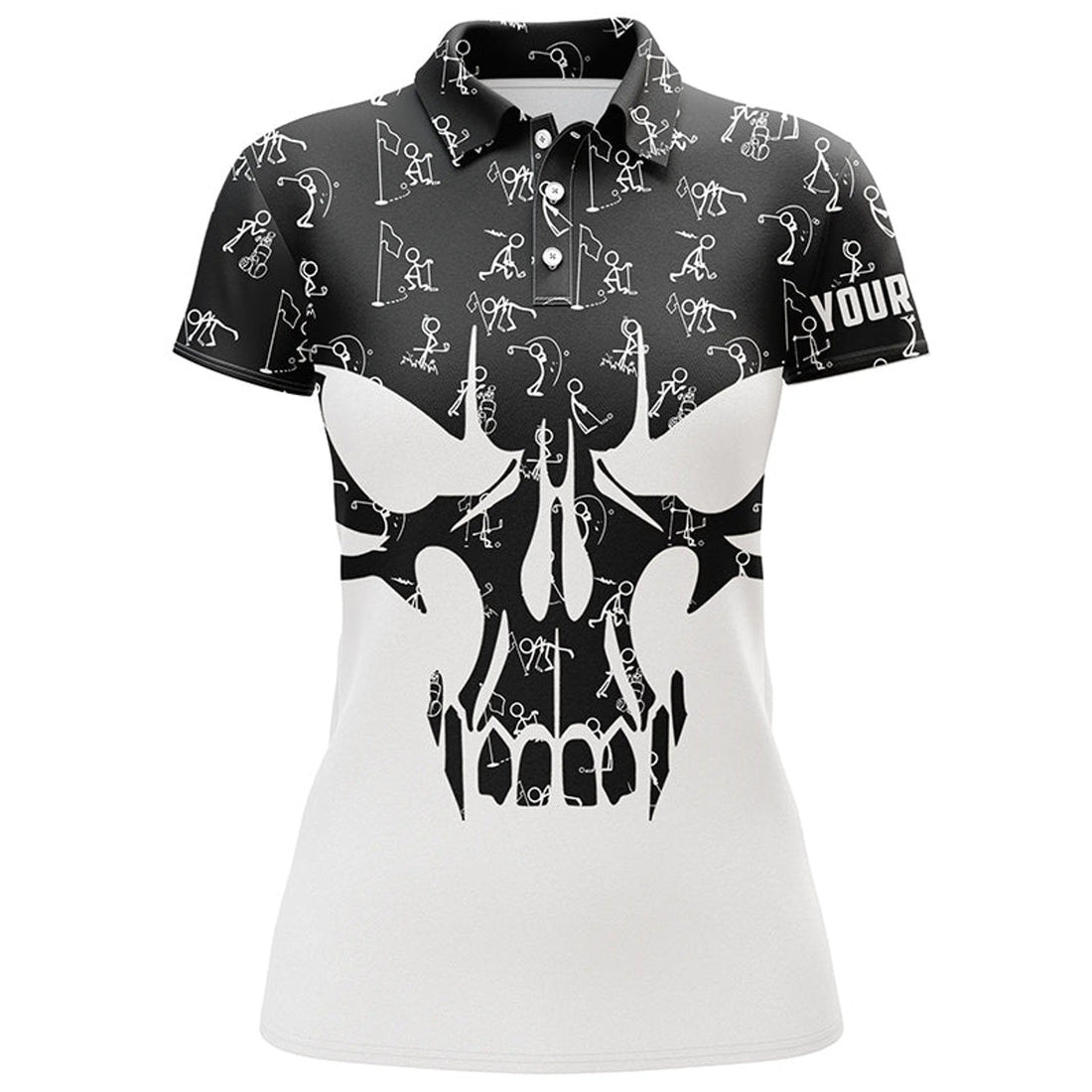 Custom Black And White Womens Golf Polo Shirts Custom Funny Skull Golf Pattern Shirts For Ladies, Golf Gifts