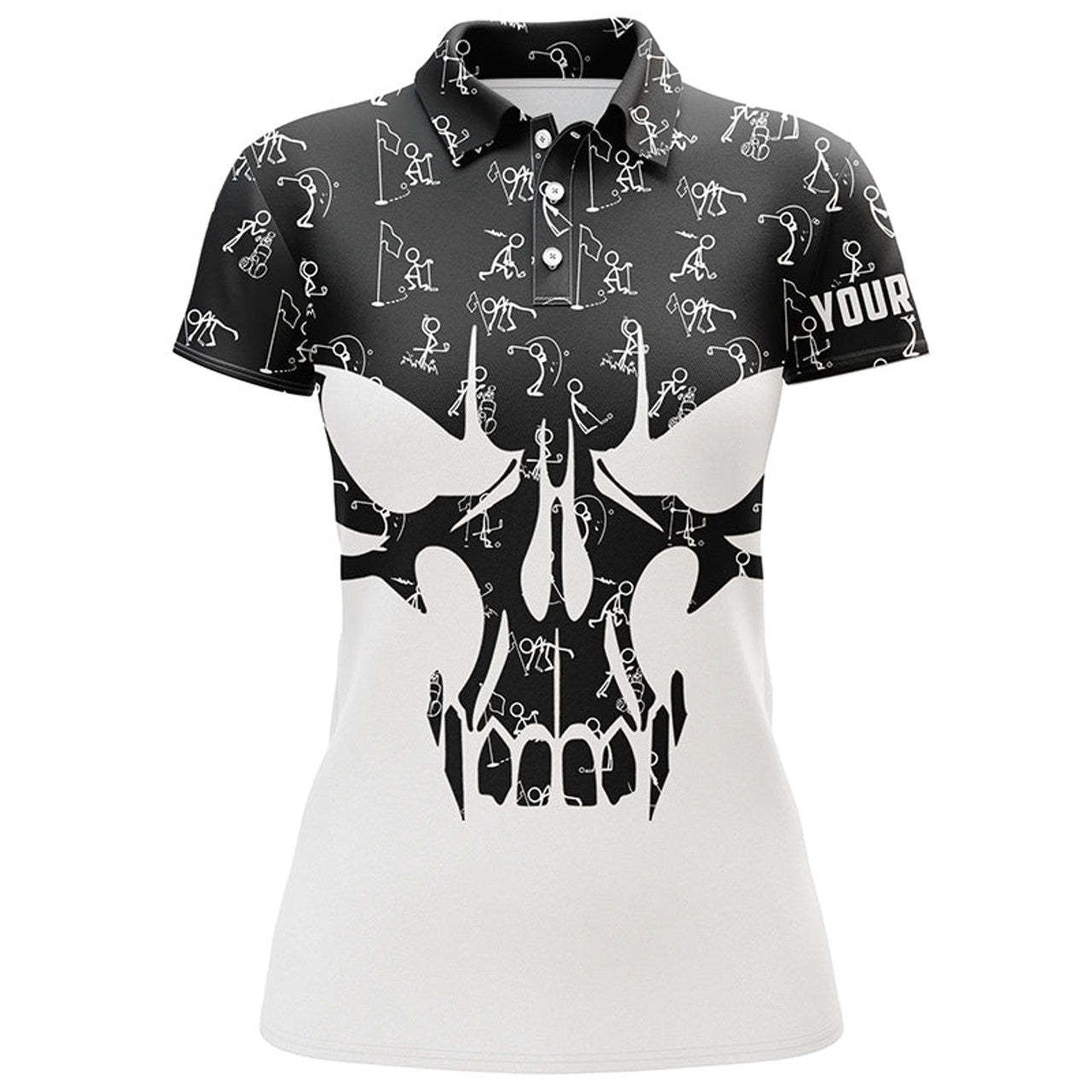 Custom Black And White Womens Golf Polo Shirts Custom Funny Skull Golf Pattern Shirts For Ladies, Golf Gifts