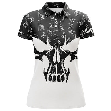 Custom Black And White Womens Golf Polo Shirts Custom Funny Skull Golf Pattern Shirts For Ladies, Golf Gifts