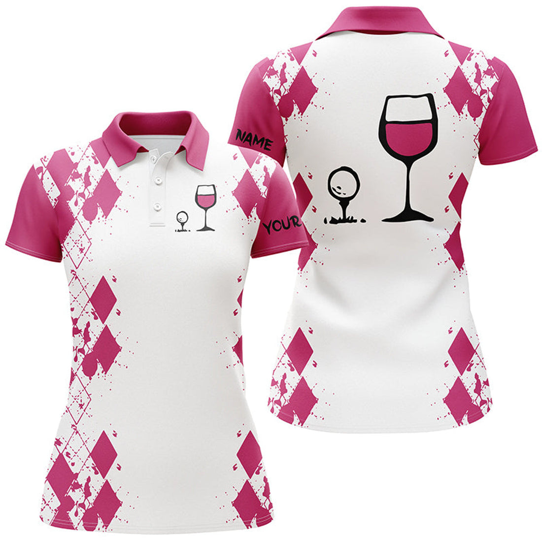 Custom White Pink Argyle Pattern Womens Golf Shirt Golf & Wine Custom Name Womens Golf Polo Shirt