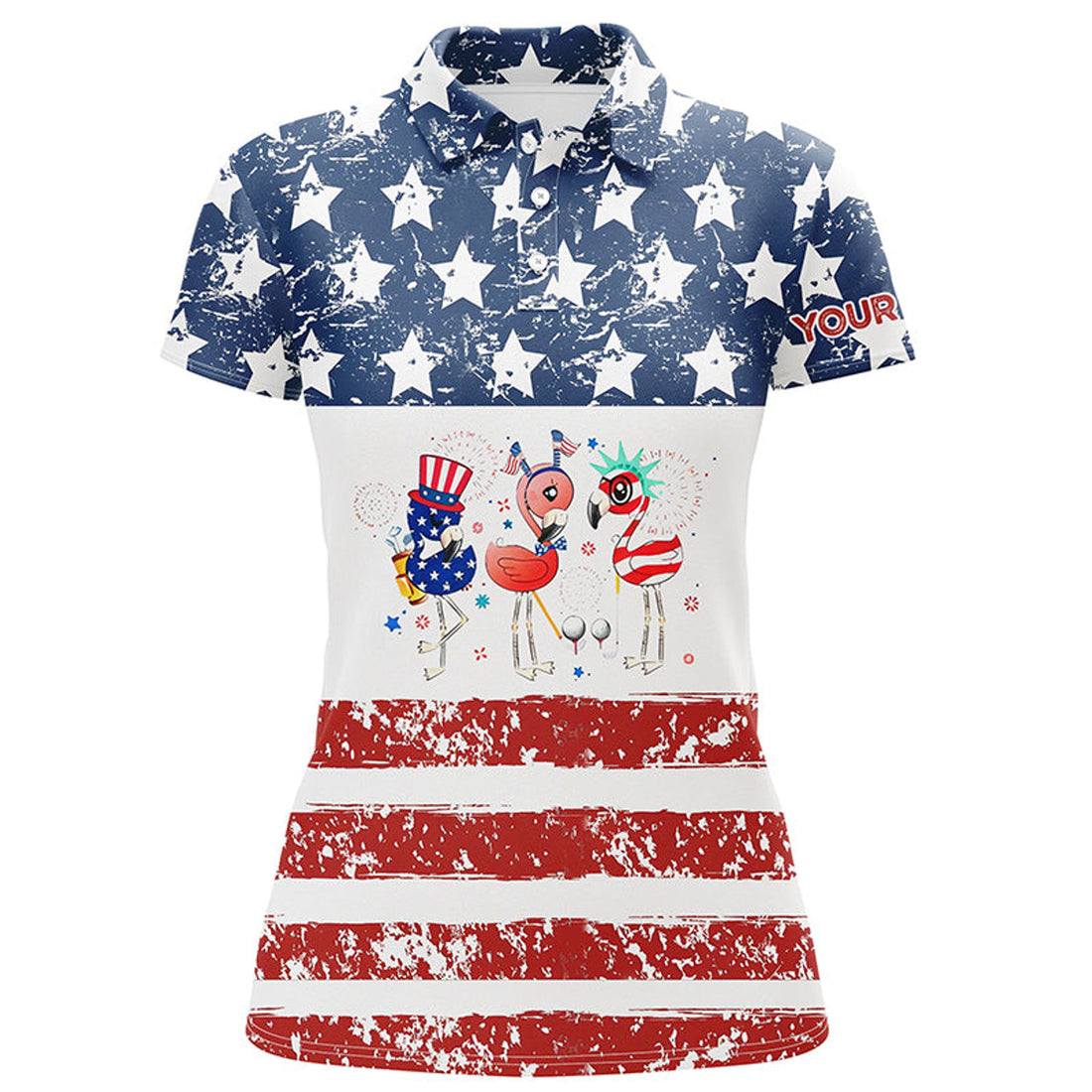 Custom Funny American Flag 4th July Flamingo Women Golf Polo Shirts Custom Patriotic White Ladies Golf Tops