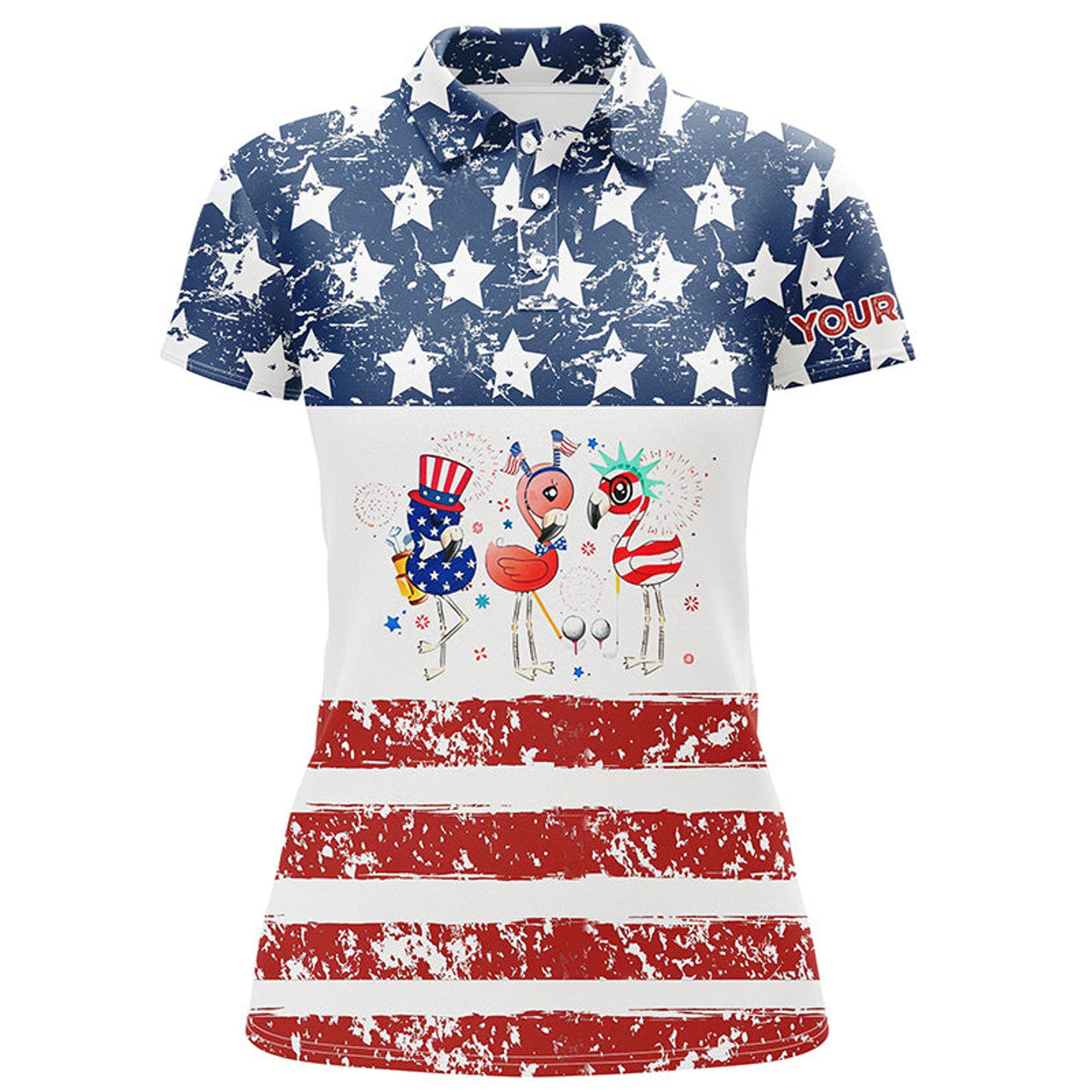 Custom Funny American Flag 4th July Flamingo Women Golf Polo Shirts Custom Patriotic White Ladies Golf Tops