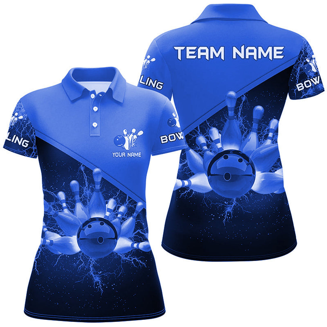 Custom Women Bowling Polo Shirts Custom Blue Lightning Thunder Bowling Team Jersey, Gift For Team Bowlers