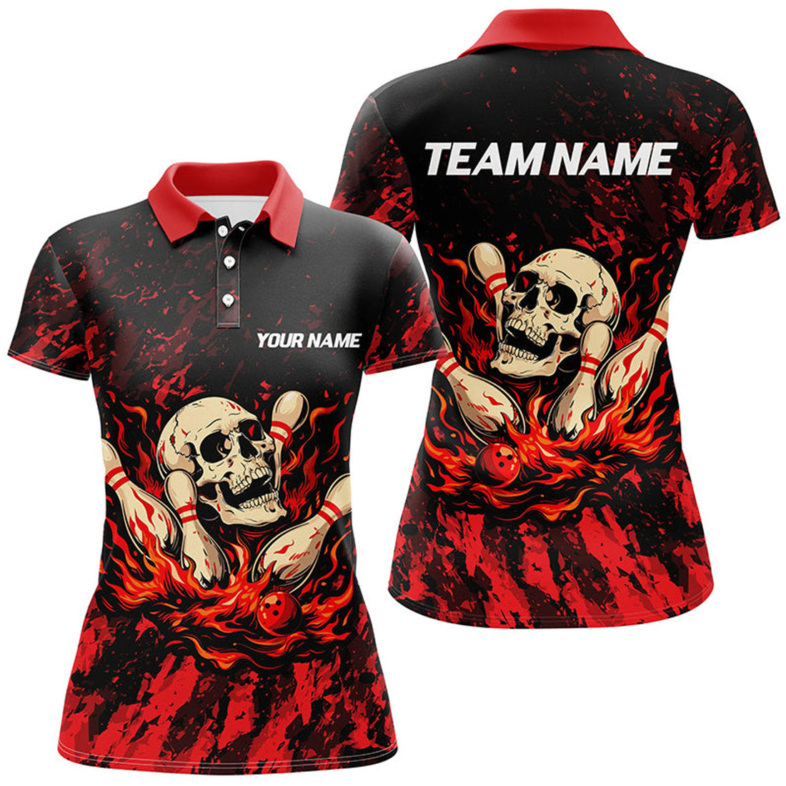 Custom Red Camo Skull Flame Bowling Polo, 1/4 Quarter Zip Shirts For Women, Custom Name Bowling Team Jerseys