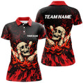Custom Red Camo Skull Flame Bowling Polo, 1/4 Quarter Zip Shirts For Women, Custom Name Bowling Team Jerseys
