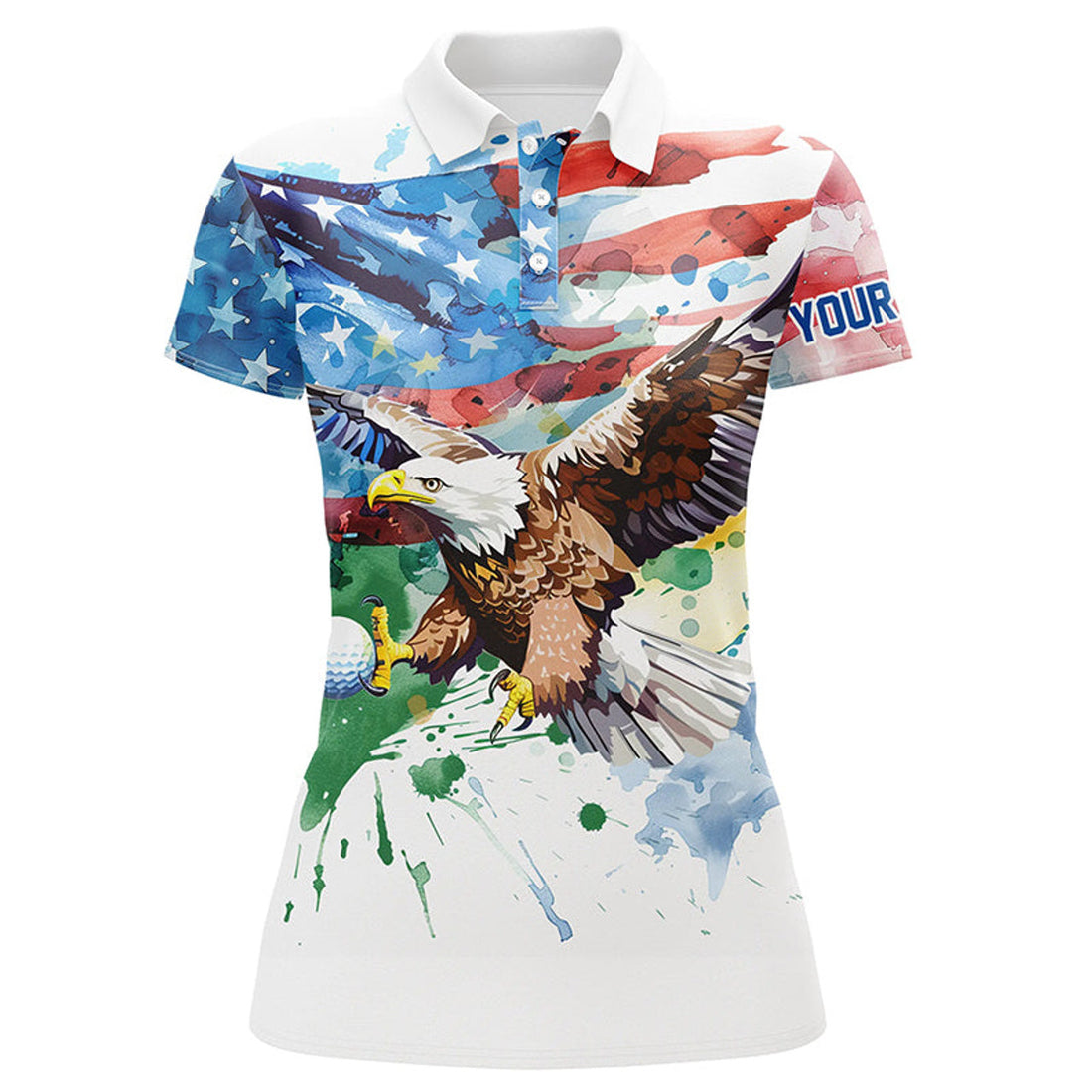 Custom Watercolor American Flag Eagle Golf Ball Custom Women Golf Polo Shirts, Patriotic Ladies Golf Jerseys