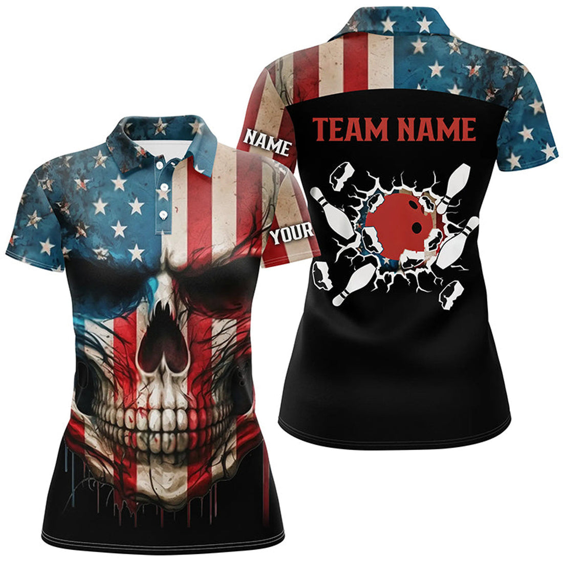 Custom Personalized Skull Bowling Shirt For Women Custom Team's Name American Flag Bowler Jersey Polo Shirt