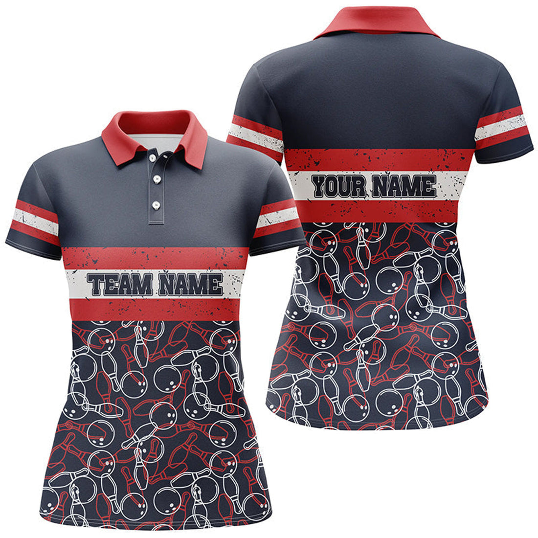 Custom Women Bowling Polo Shirts Custom Name Red And Blue Vintage Bowling Team Bowlers Jerseys