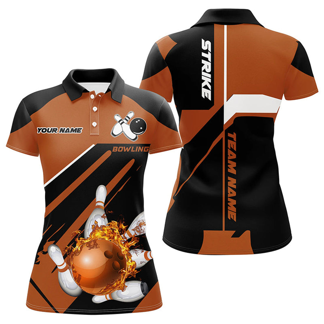 Custom Black And Orange Bowling Polo Shirt For Women Custom Flame Bowling Ball And Pins Polo Uniform Shirts