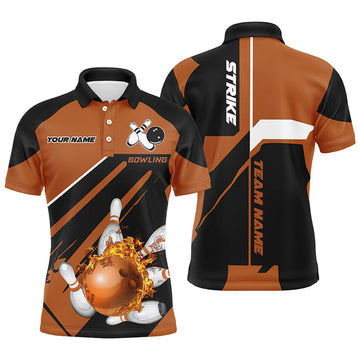Custom Black and orange Bowling polo shirt for men Custom flame bowling ball and pins polo uniform shirts
