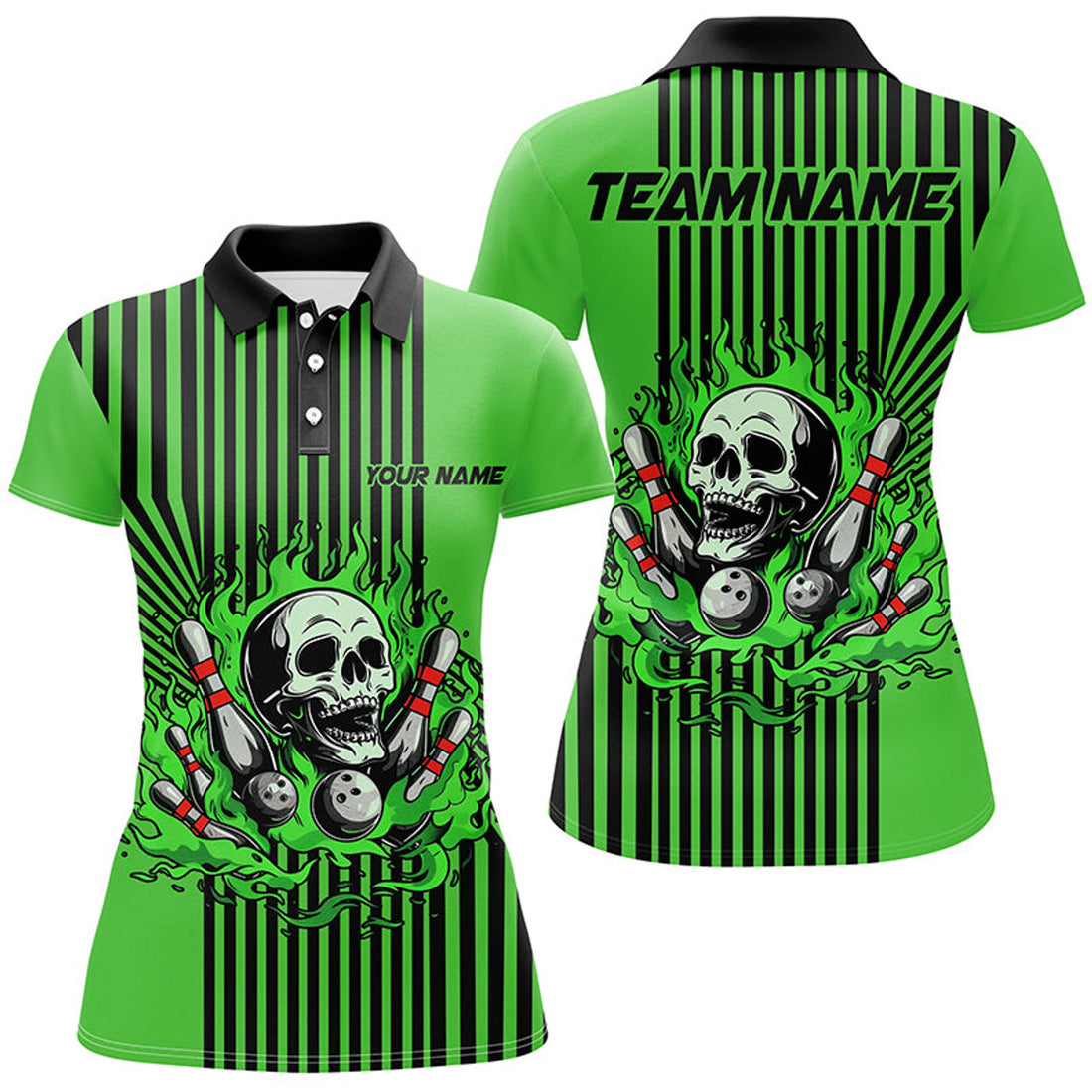 Custom Green And Black Stripes Women Bowling Polo, Custom Skull Bowling Team Jerseys