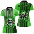 Custom Green And Black Stripes Women Bowling Polo, Custom Skull Bowling Team Jerseys