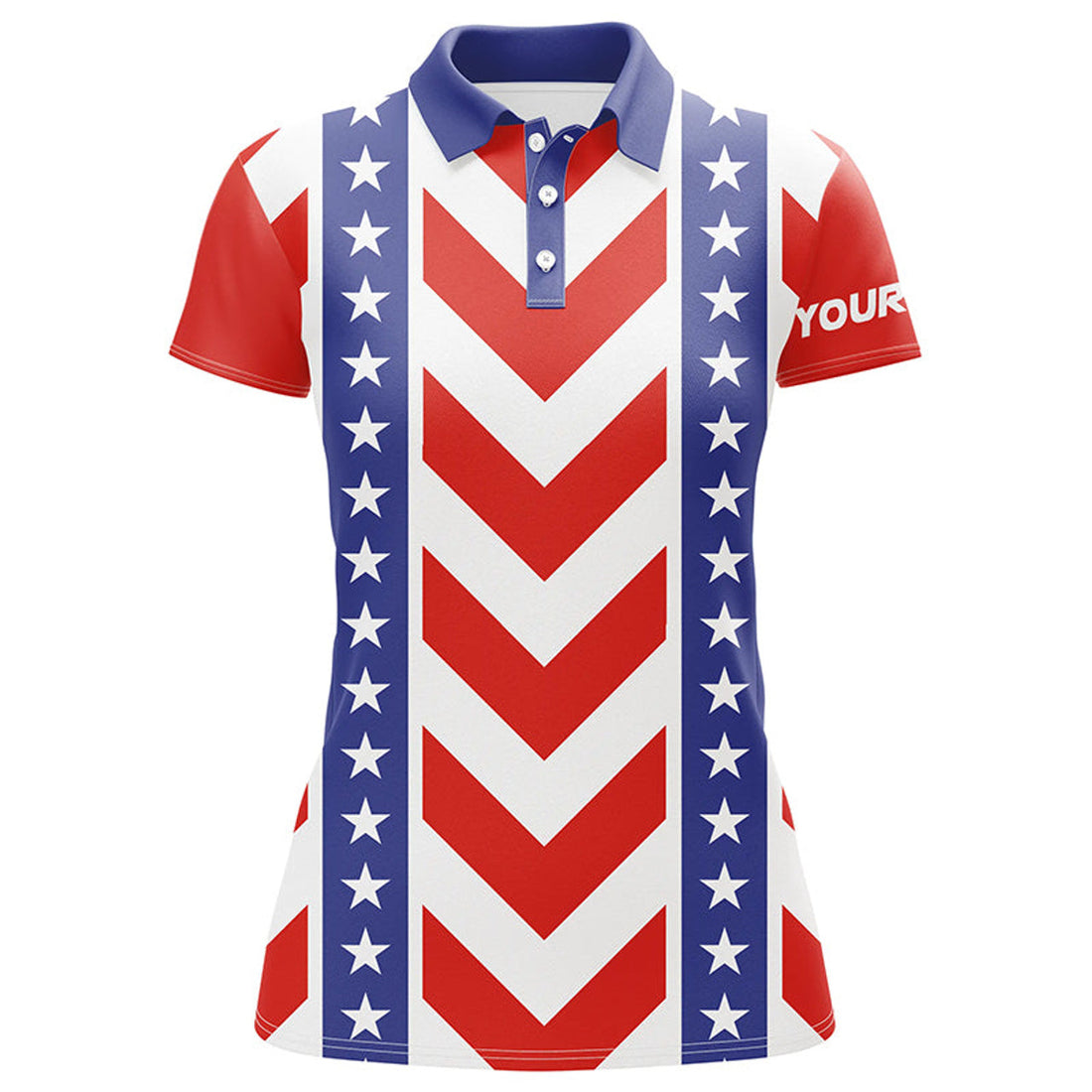 Custom Women Golf Polo Shirts Custom Red, White And Blue Pattern Patriotic Female Golf Attire