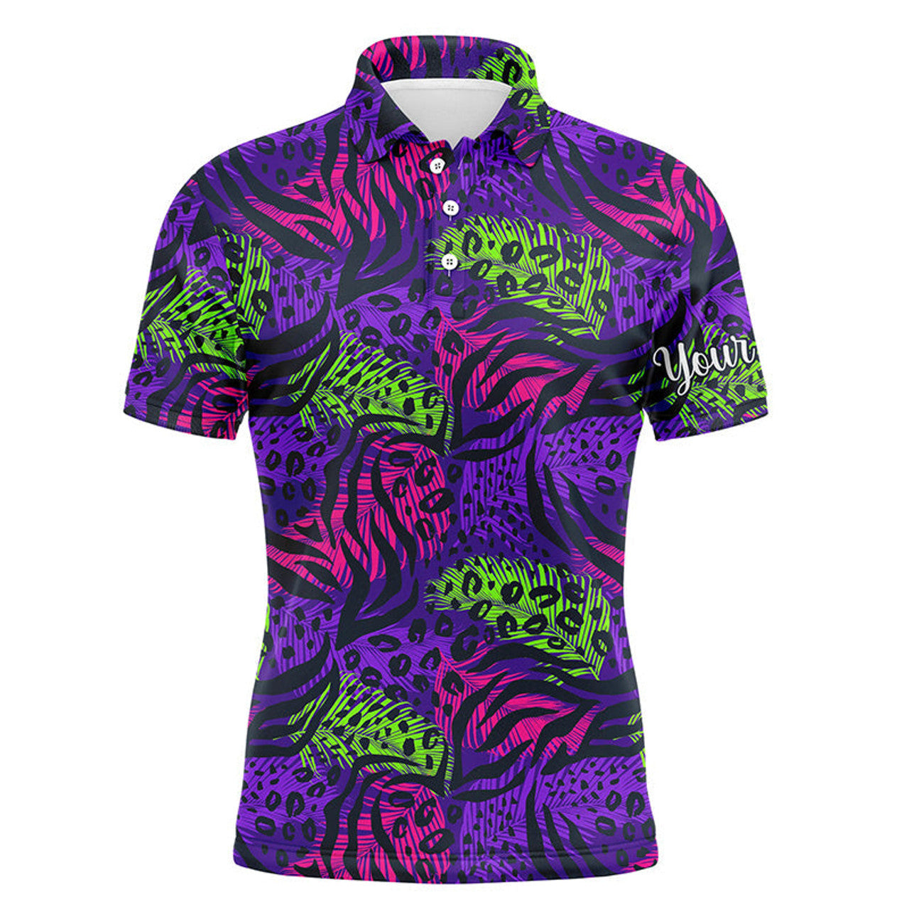 Custom Golf Men Polo Shirt - Colorful Purple Tropical Background Custom Name Black - Personalized Gift For Golf Lover, Team, Golfers